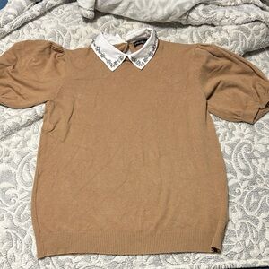 Embroidered Collar Tan Sweater